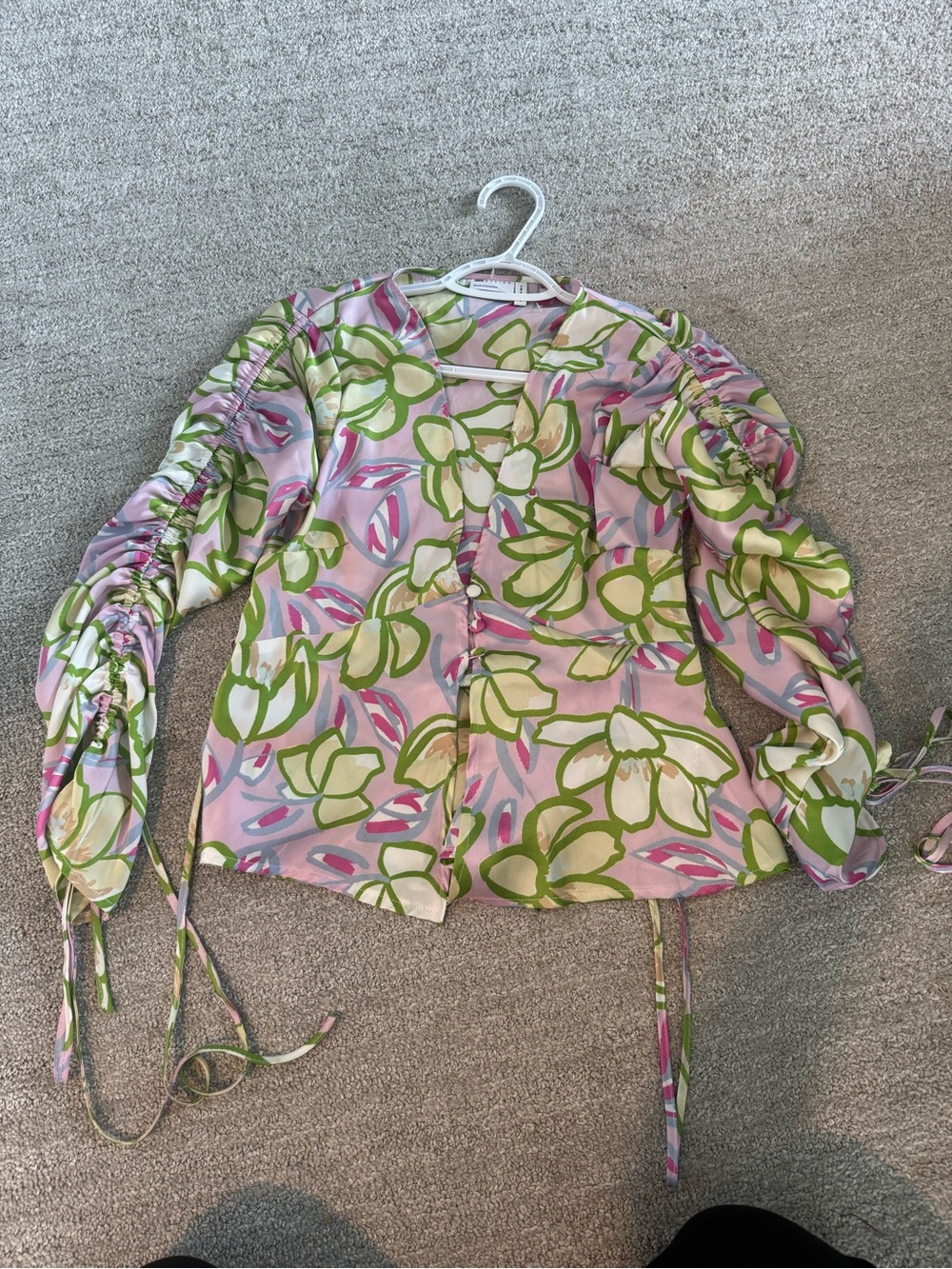 ASOS Floral Ruched-Sleeve Button Front Top - Pink/Green